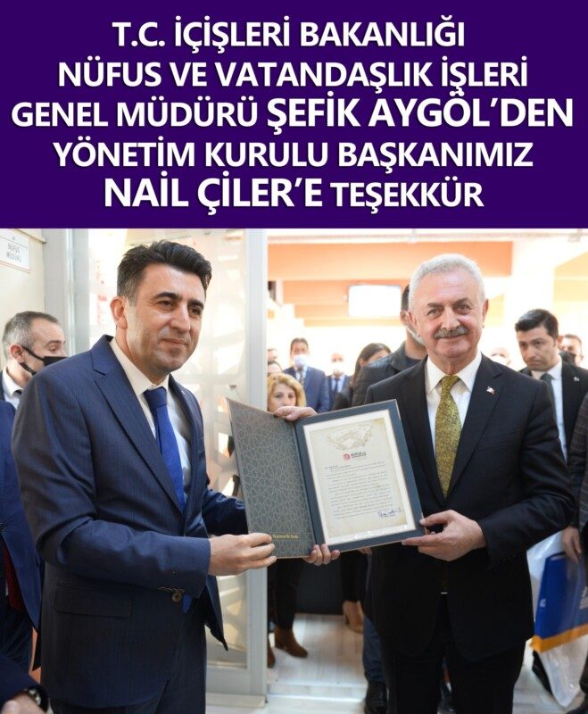 Gebze İlçe Nüfus Müdürlüğümüzün yenilenmesi için verdiğimiz destek dolayısıyla  Nail Çiler’e teşekkür Plaketi