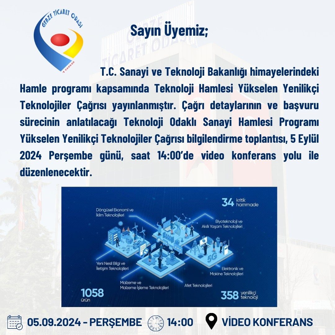 Teknoloji Odaklı Sanayi Hamlesi Programı Yükselen Yenilikçi Teknolojiler Çağrısı  Bilgilendirme Toplantısı