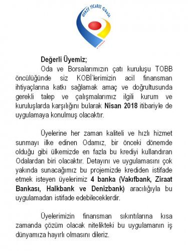 <div>Çatı kuruluşumuz TOBB öncülüğünde KOBİ'lerimizin acil finansman ihtiyaçlarına katkı sağlama çabalarımız sonuç verdi.</div>