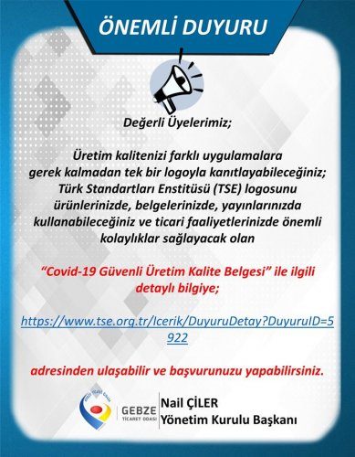 Covid-19 Güvenli Üretim Kalite Belgesi Hakkında Duyuru